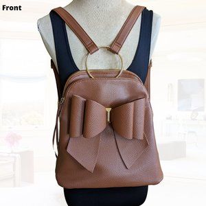 Camel Faux-leather Fashion Backpack w/ Bow & Gold Hardware